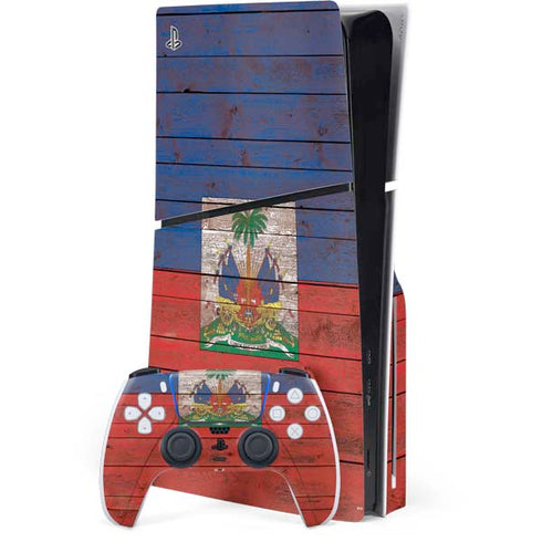 Haiti Flag Dark Wood PS5 Slim Disk Bundle Skin